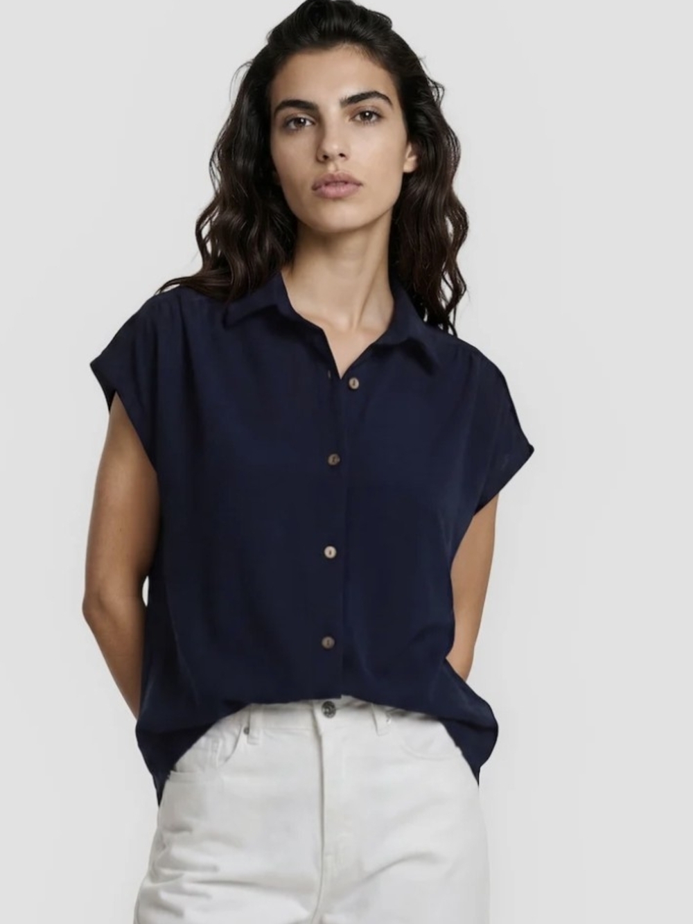 Women's Navy Button-Front Cap Sleeve Blouse
